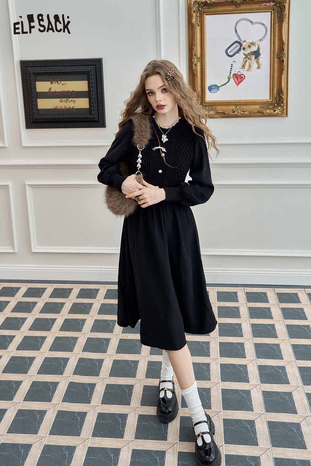 ELFSACK knitted lantern sleeve maxi dress in black with a stylish silhouette and elegant design