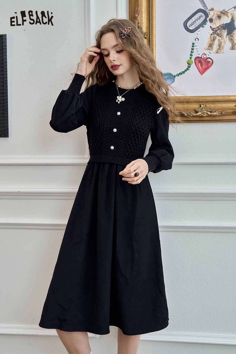 ELFSACK knitted lantern sleeve maxi dress in black with button details and stylish fit