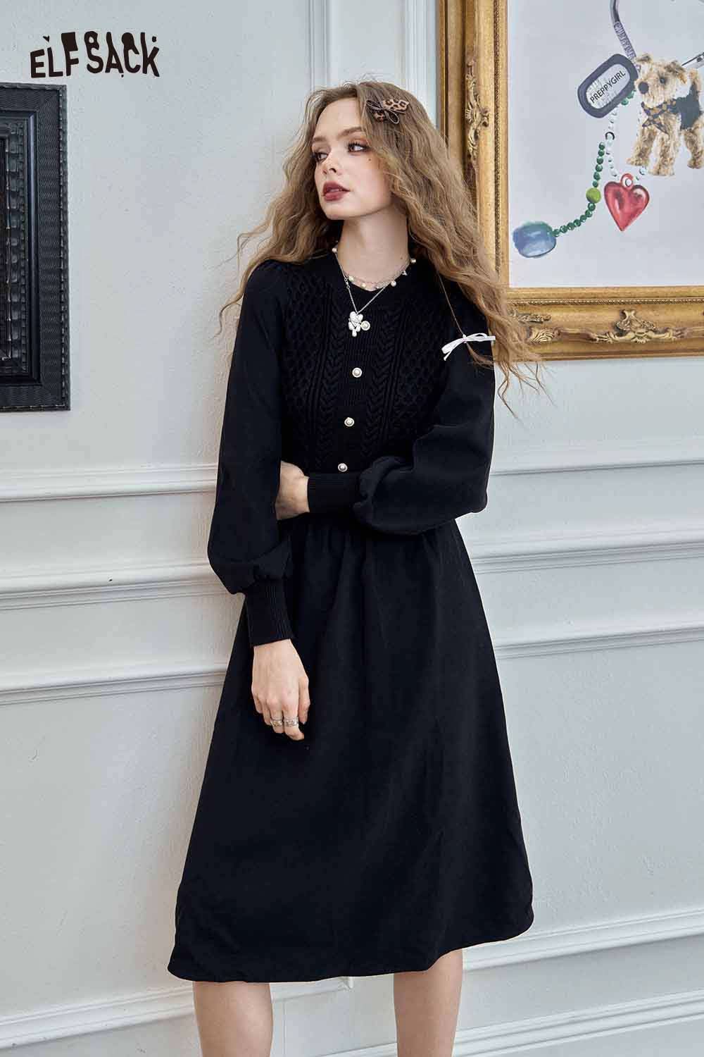 ELFSACK knitted lantern sleeve maxi dress in black with a stylish design and button details