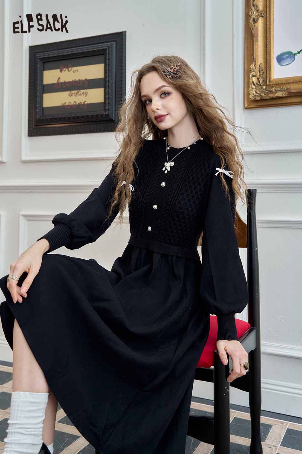 ELFSACK knitted lantern sleeve maxi dress in black with decorative buttons and stylish design