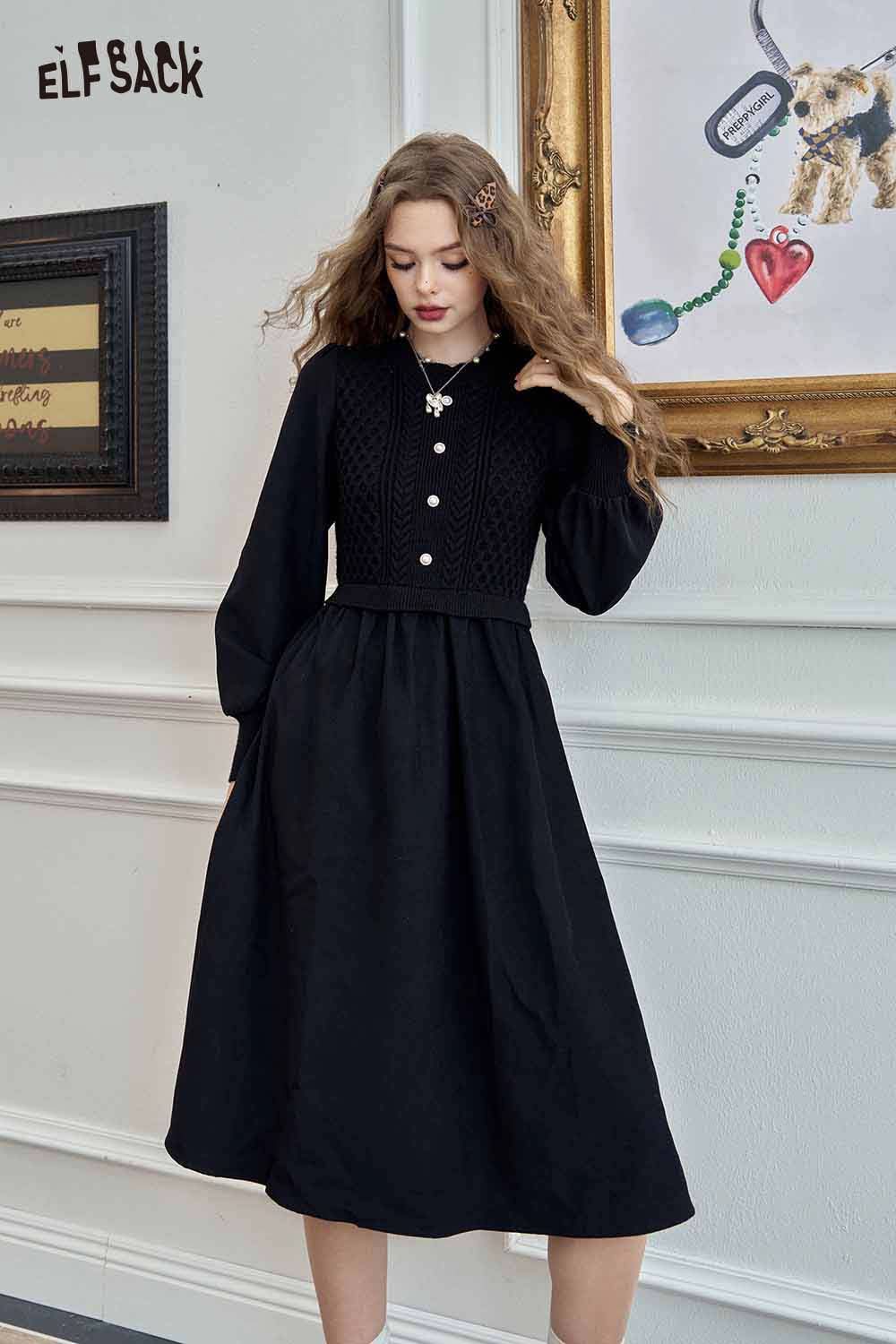 ELFSACK knitted lantern sleeve maxi dress in black with button details for elegant style