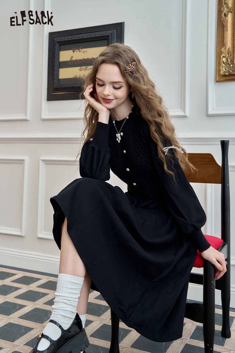 ELFSACK knitted lantern sleeve maxi dress in black with a stylish button-up design