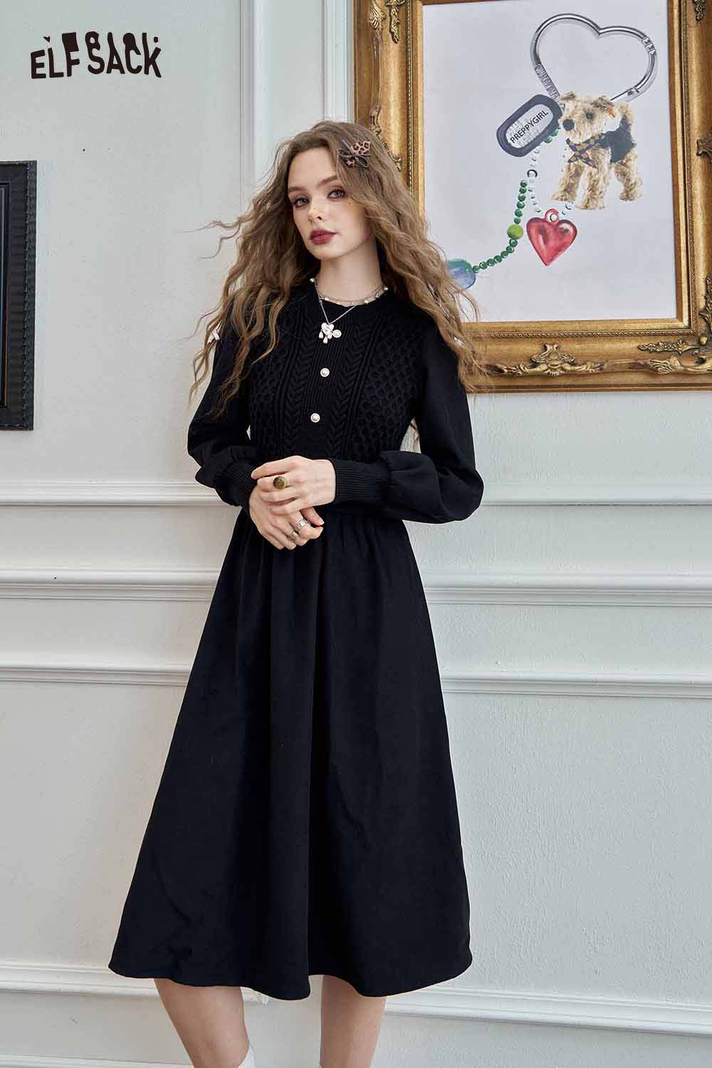ELFSACK knitted lantern sleeve maxi dress in black with a button-down front and fitted waist design
