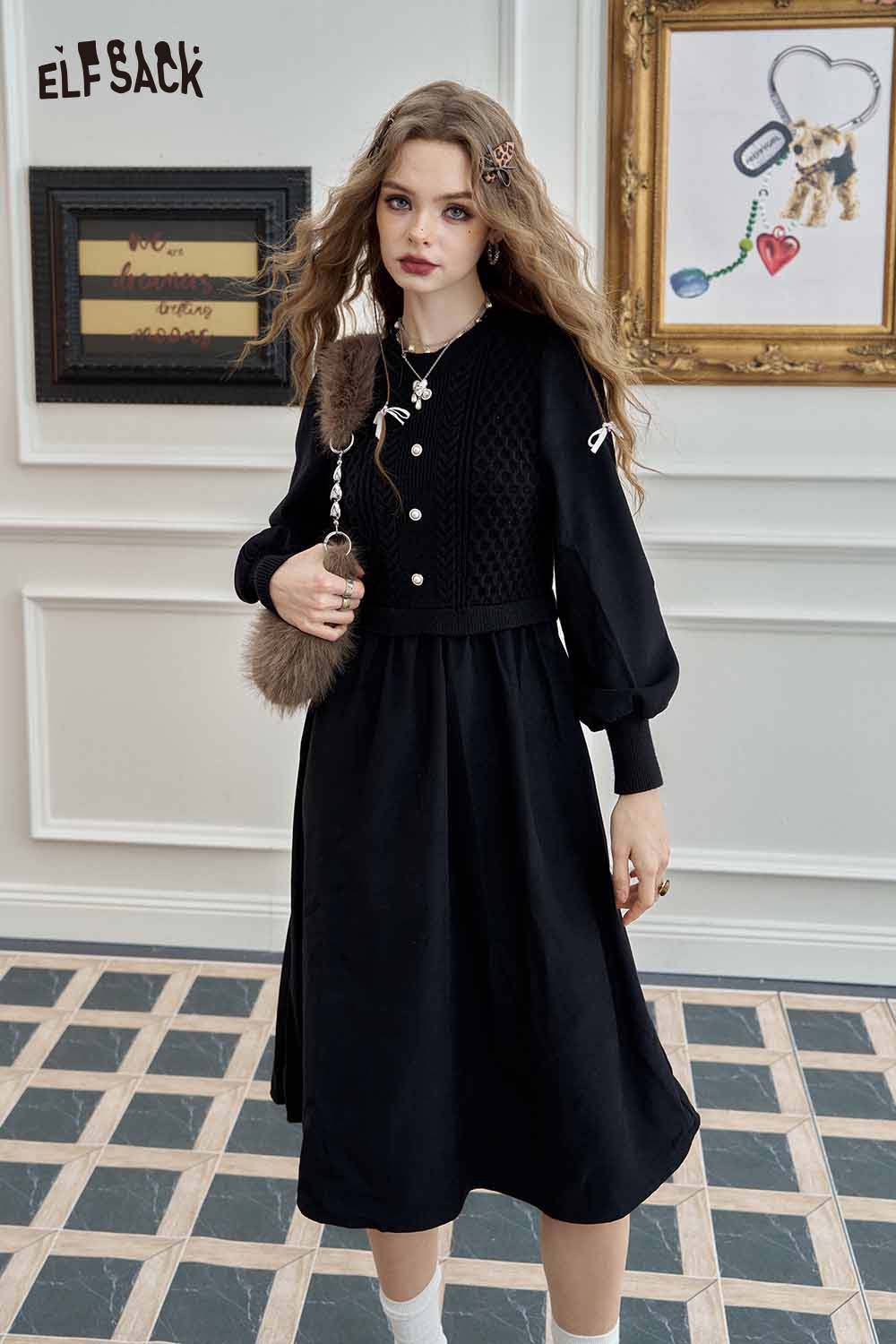 ELFSACK knitted lantern sleeve maxi dress in black with button details and a stylish design