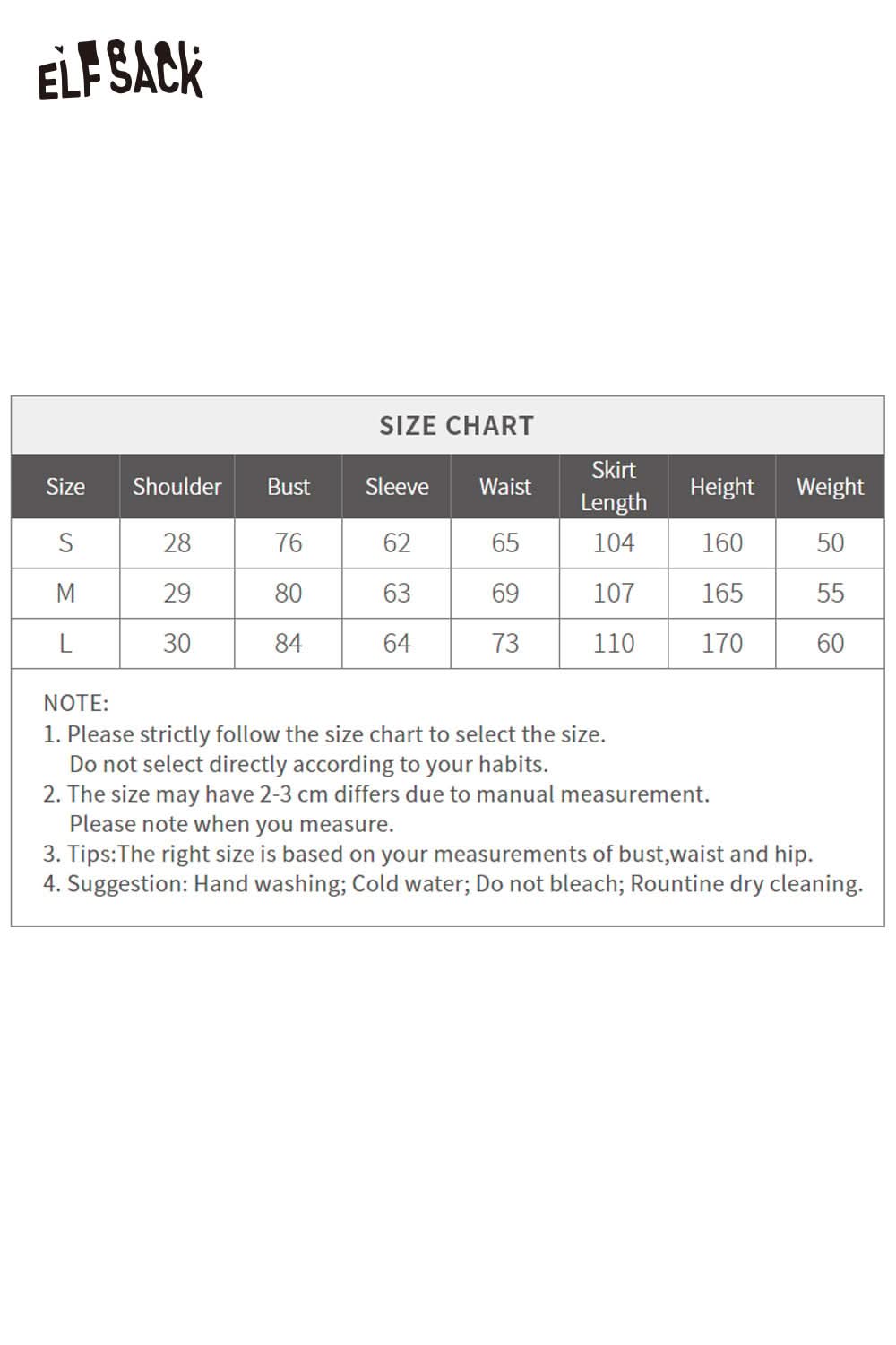 ELFSACK knitted lantern sleeve maxi dress size chart for accurate fitting information
