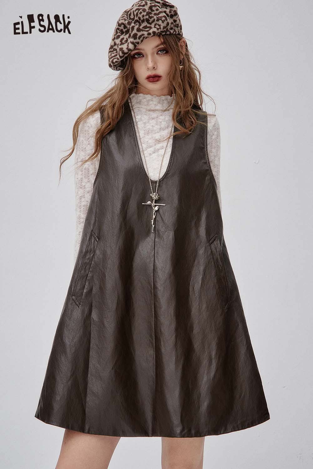 ELFSACK lace and faux leather dress set with a stylish A-line silhouette and layered look