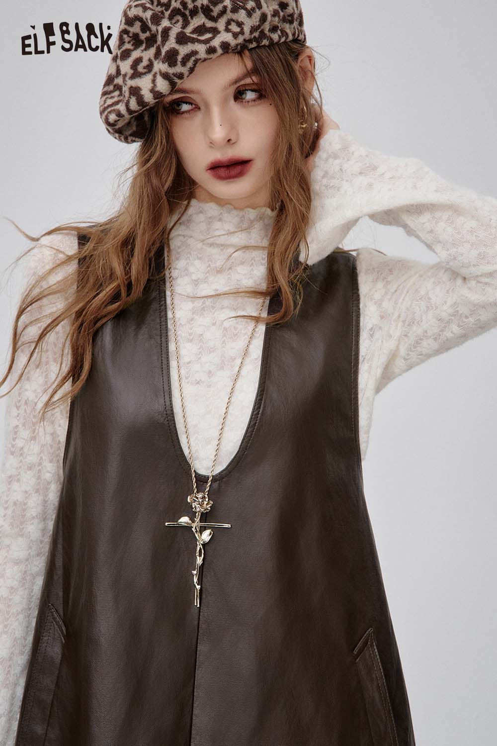 ELFSACK lace and faux leather dress set featuring stylish layering and trendy accessories
