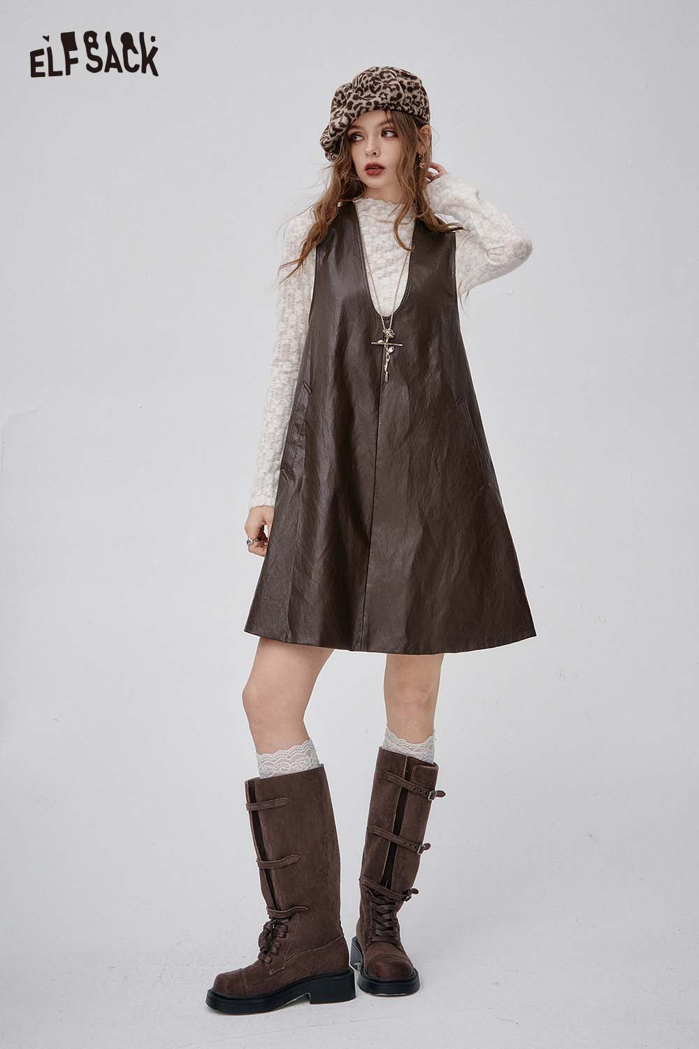 ELFSACK lace and faux leather dress set with a casual design for trendy outfits
