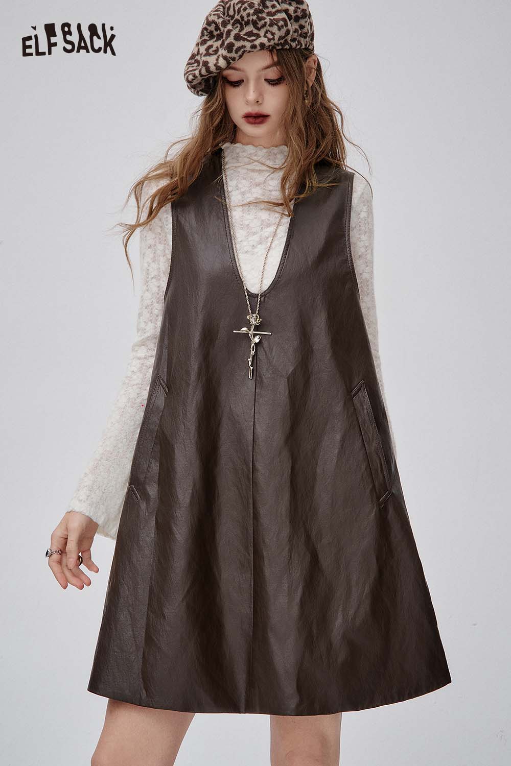 ELFSACK lace and faux leather dress set featuring a stylish A-line design with pockets