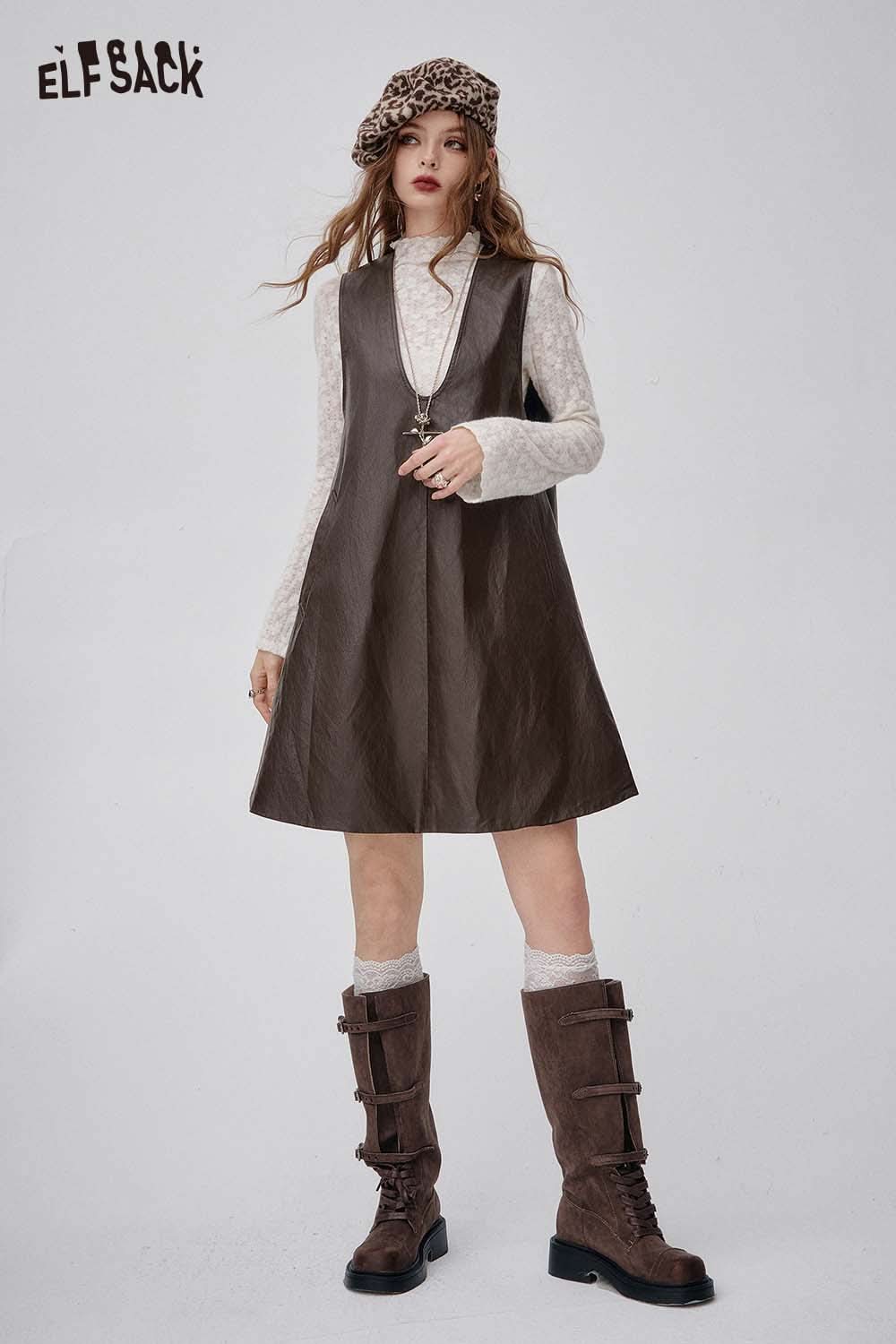 ELFSACK lace and faux leather dress set with a stylish layered design, perfect for trendy outfits