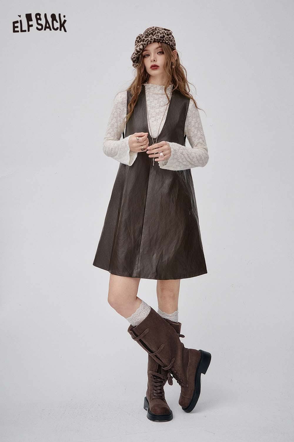 ELFSACK lace and faux leather dress set featuring a stylish sleeveless design and chic accessories