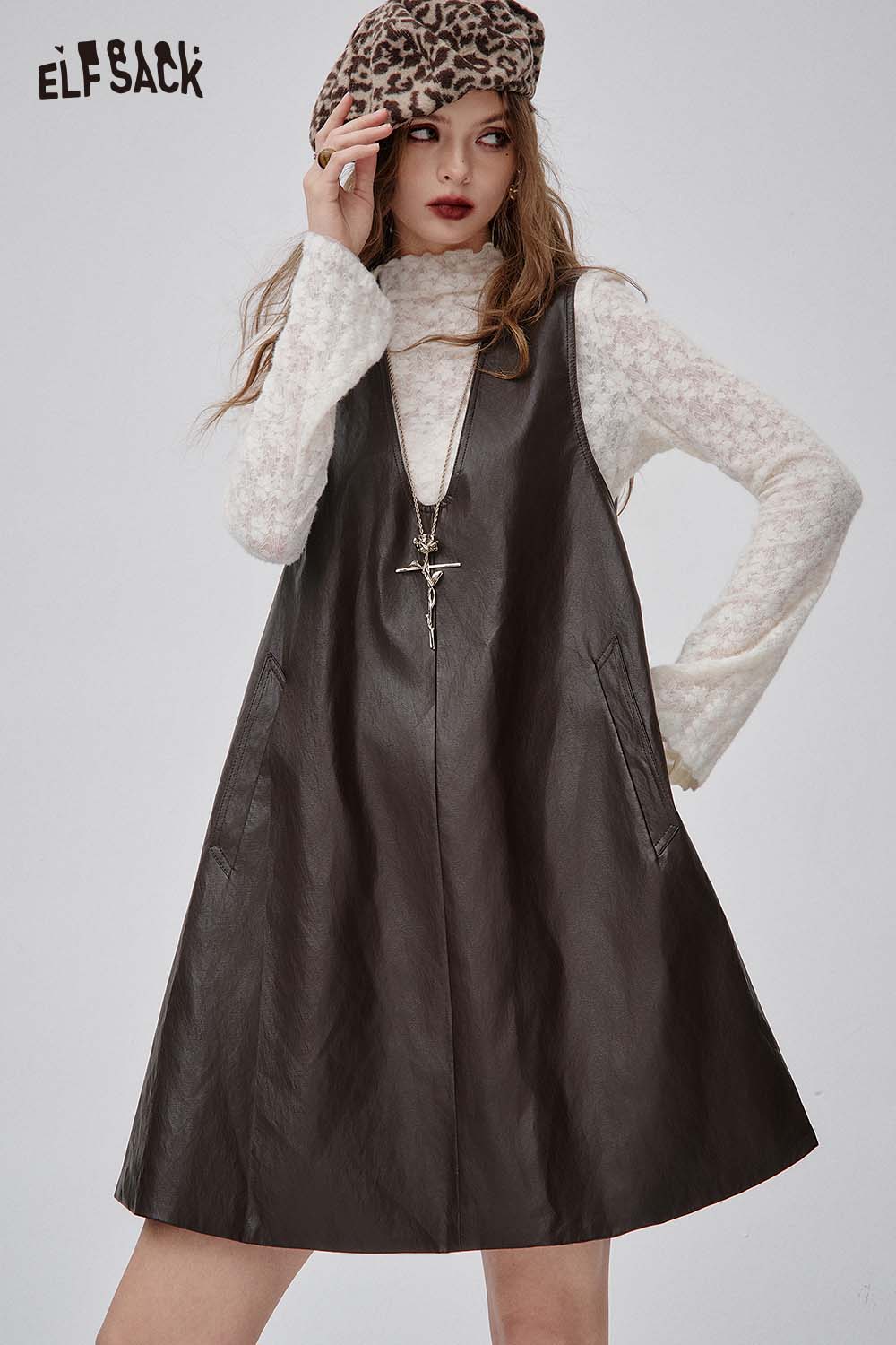 ELFSACK lace and faux leather dress set in black with a stylish A-line silhouette and pockets