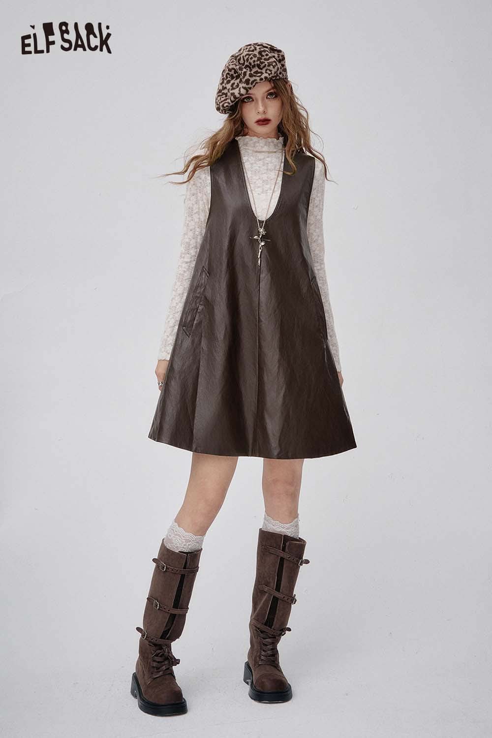 ELFSACK lace and faux leather dress set featuring a stylish brown dress with a long sleeve top
