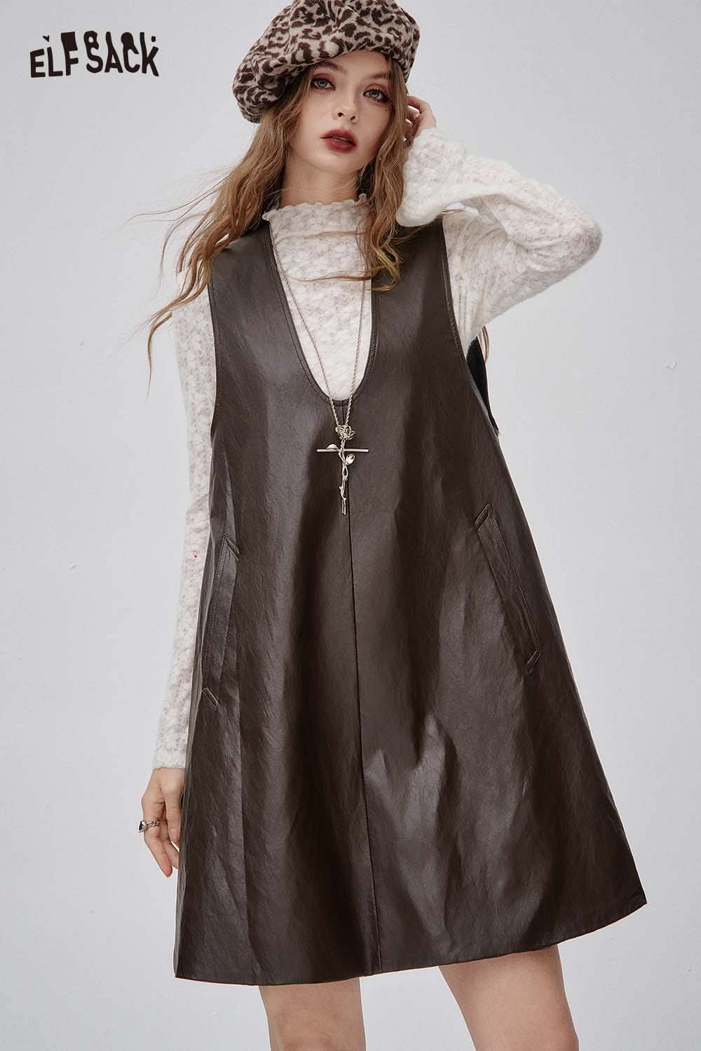 ELFSACK lace and faux leather dress set featuring a stylish brown dress with pockets and layered look