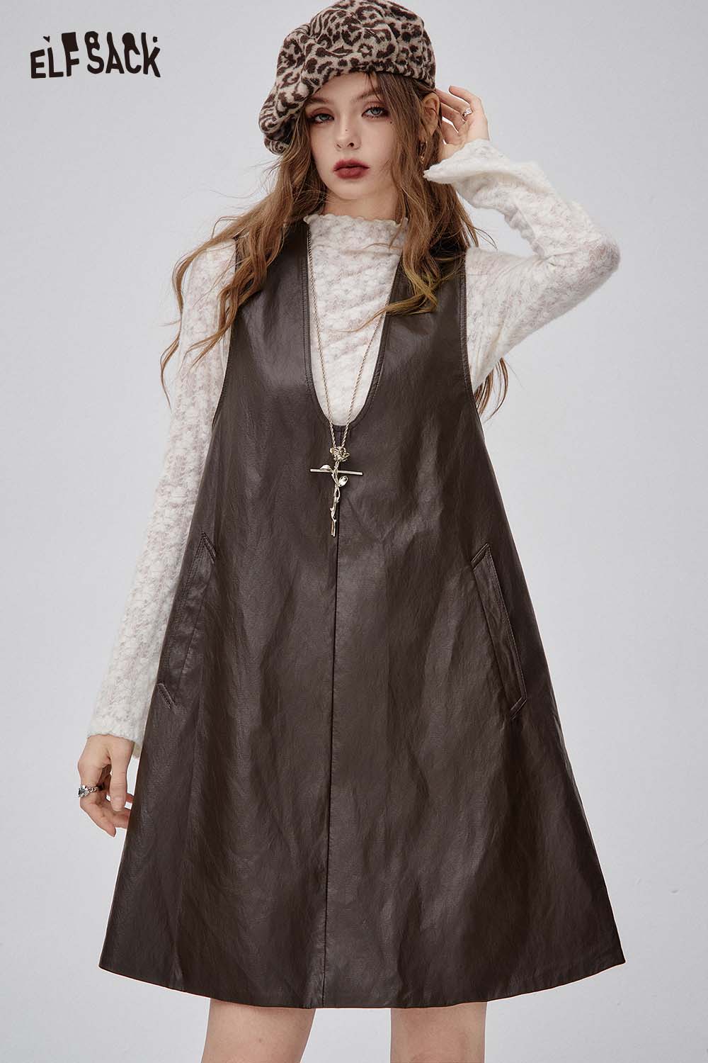 ELFSACK lace and faux leather dress set featuring a versatile A-line silhouette and pockets