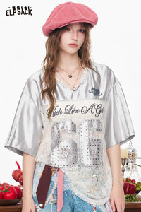 ELFSACK Lace Hooded Jersey Style Print T-shirt