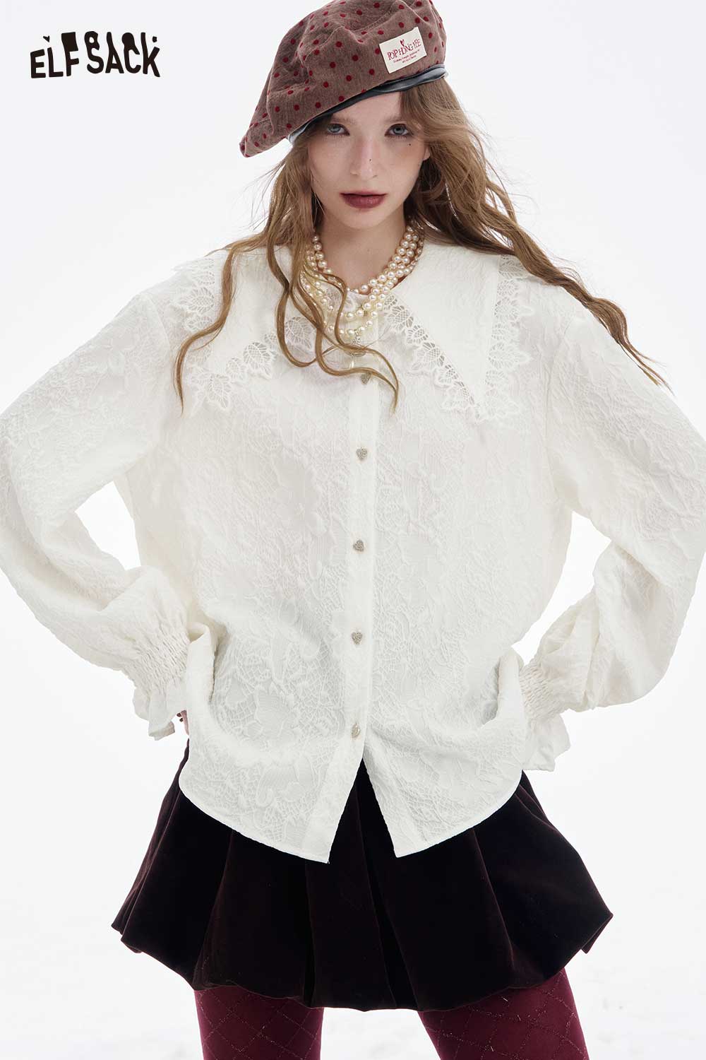 ELFSACK Women's lace lapel collar ruffled cuff shirt in cream with elegant design and button closure