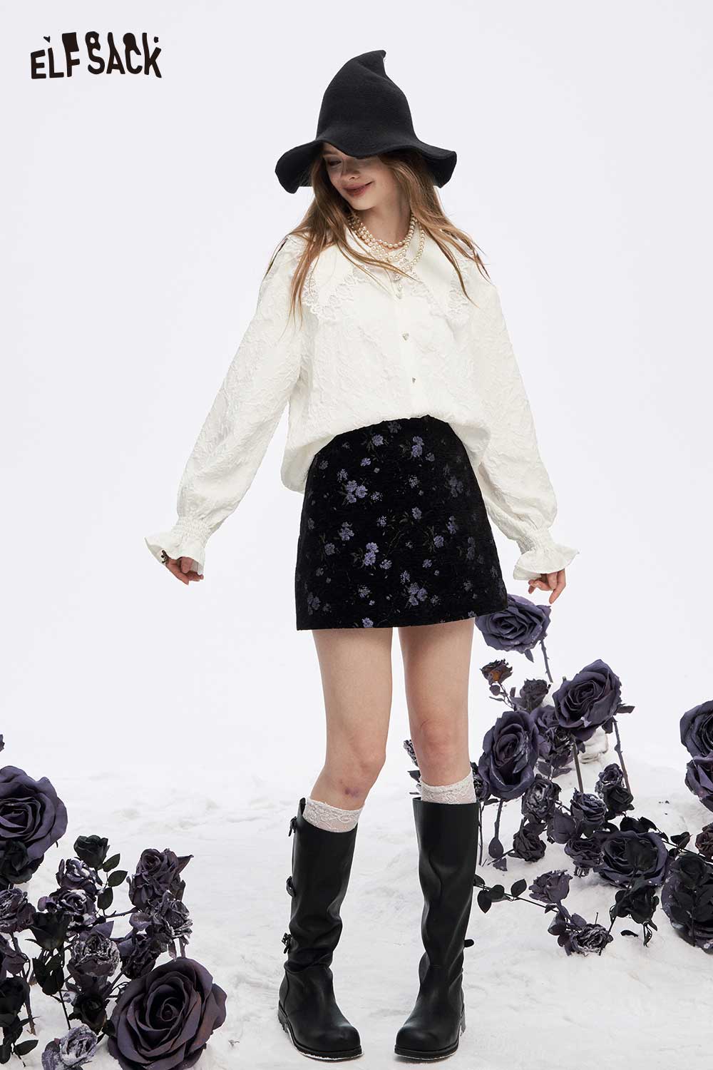 ELFSACK lace lapel collar ruffled cuff shirt styled with a flower skirt and black boots