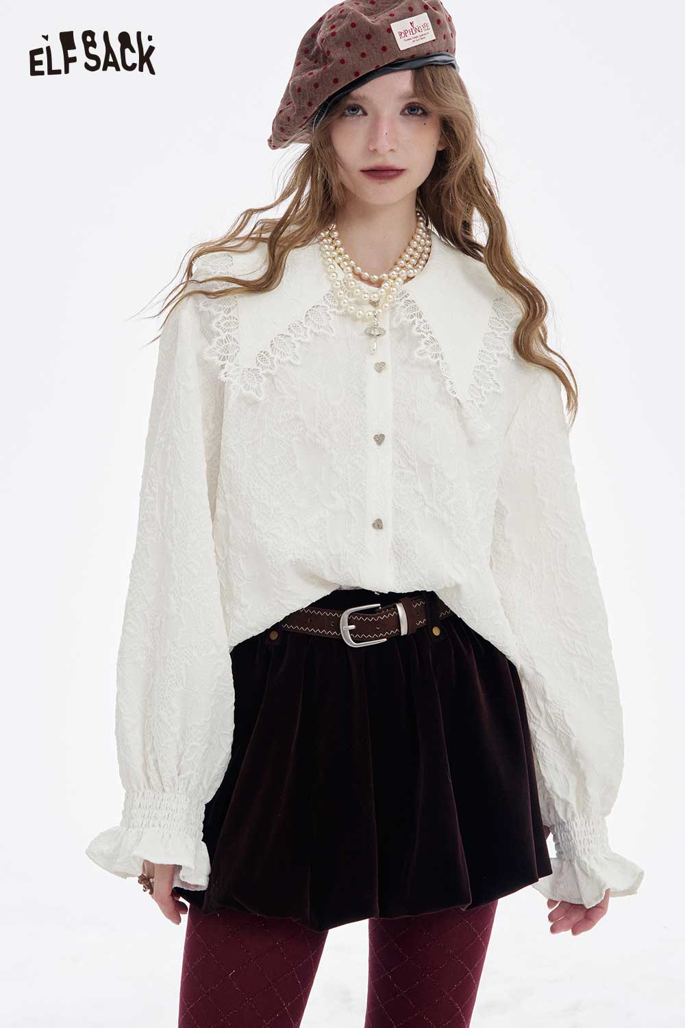 ELFSACK women's lace lapel collar ruffled cuff shirt styled with a skirt and hat for a trendy autumn look