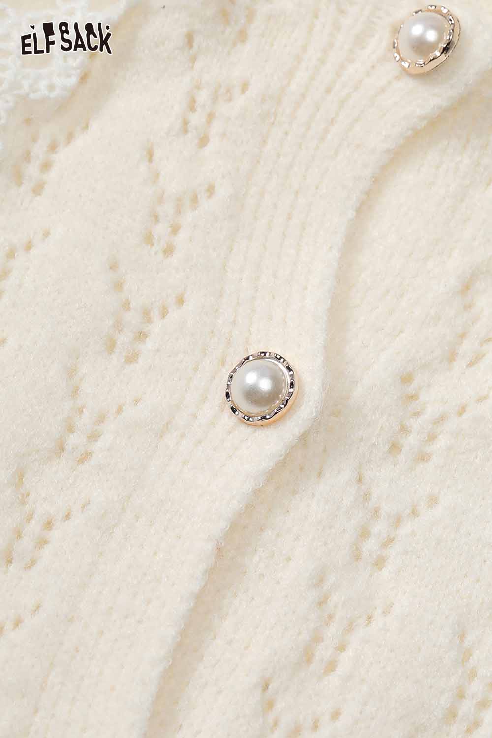 ELFSACK lace panel knit top featuring elegant pearl buttons and intricate knit design in cream color
