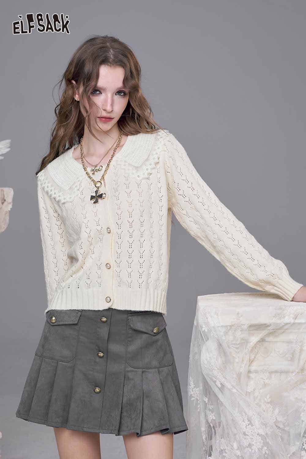 ELFSACK cream lace panel knit top with a stylish collar paired with a gray skirt for a chic look