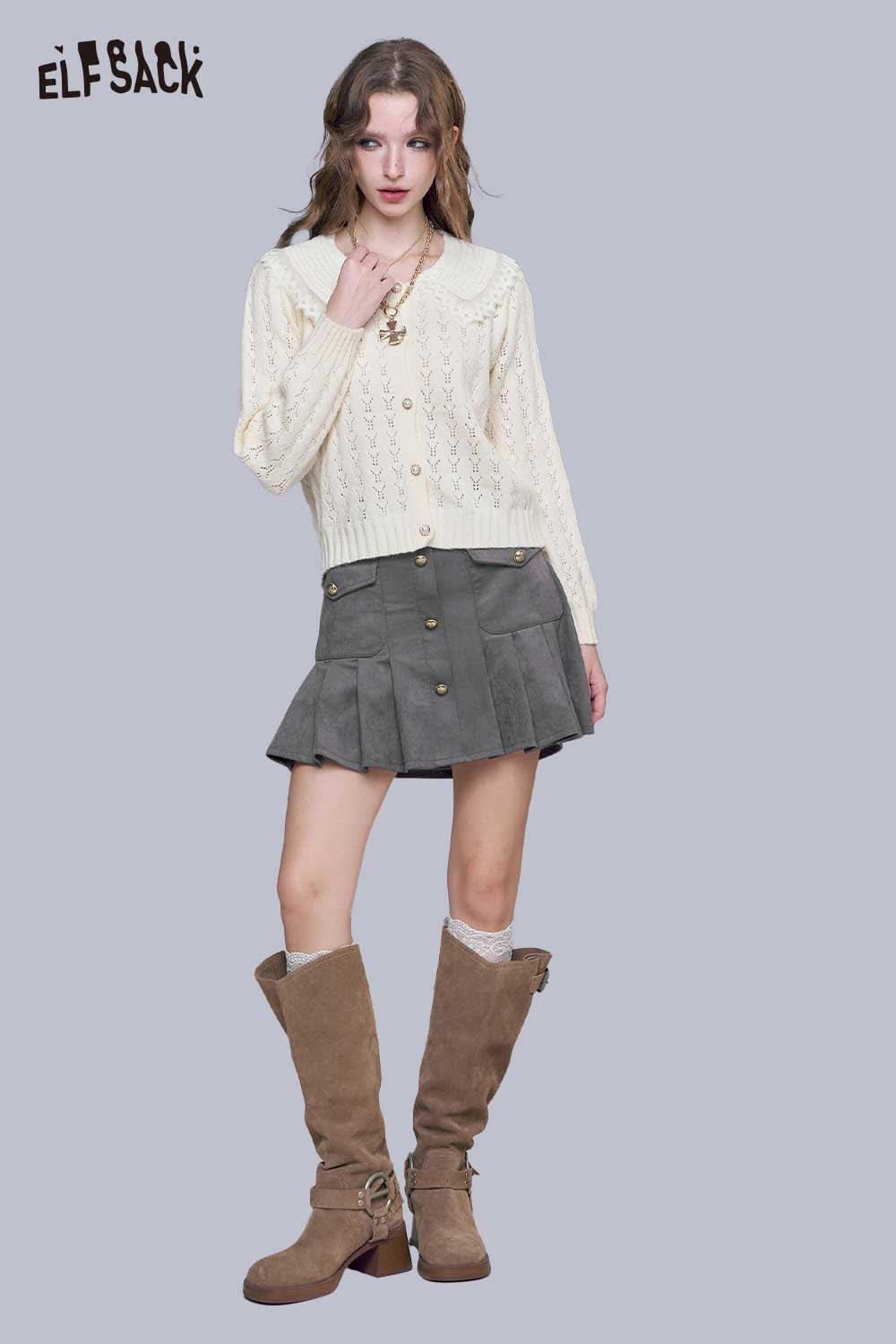 ELFSACK lace panel knit top in cream with stylish collar, paired with a skirt and boots