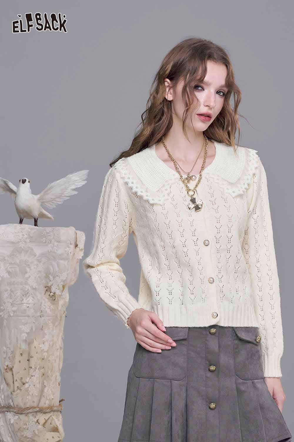 ELFSACK lace panel knit top in cream with a classic collar and delicate detailing, perfect for stylish outfits.