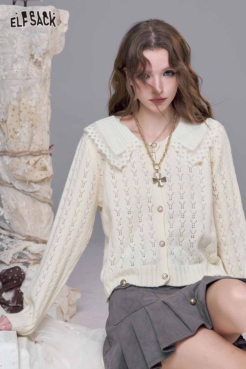 ELFSACK lace panel knit top in soft cream with a vintage collar and button details