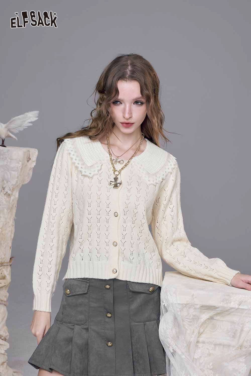 ELFSACK lace panel knit top in cream with a stylish collar and button closure, perfect for chic outfits
