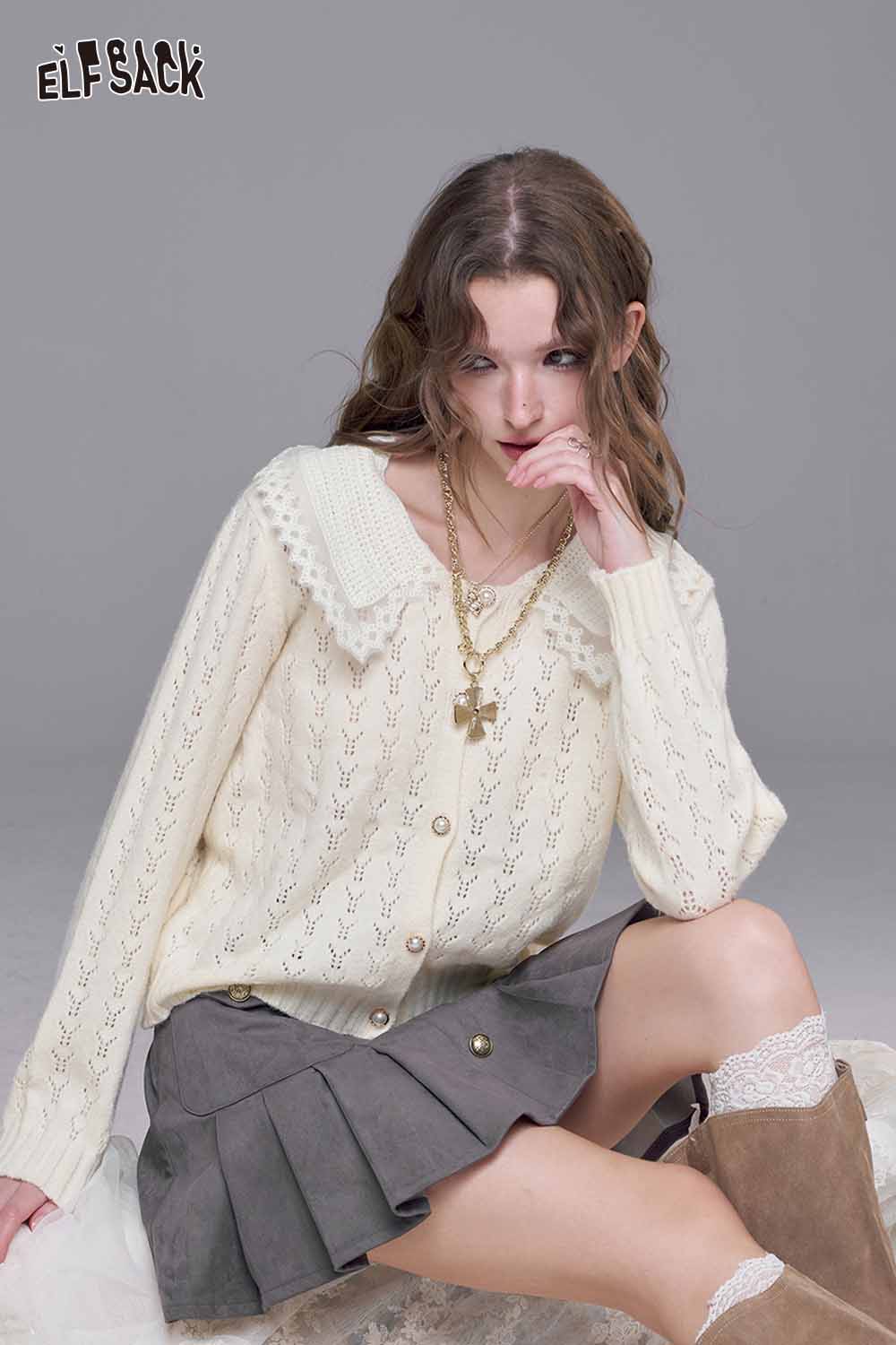 ELFSACK lace panel knit top in cream with a collar and button details, perfect for stylish layering