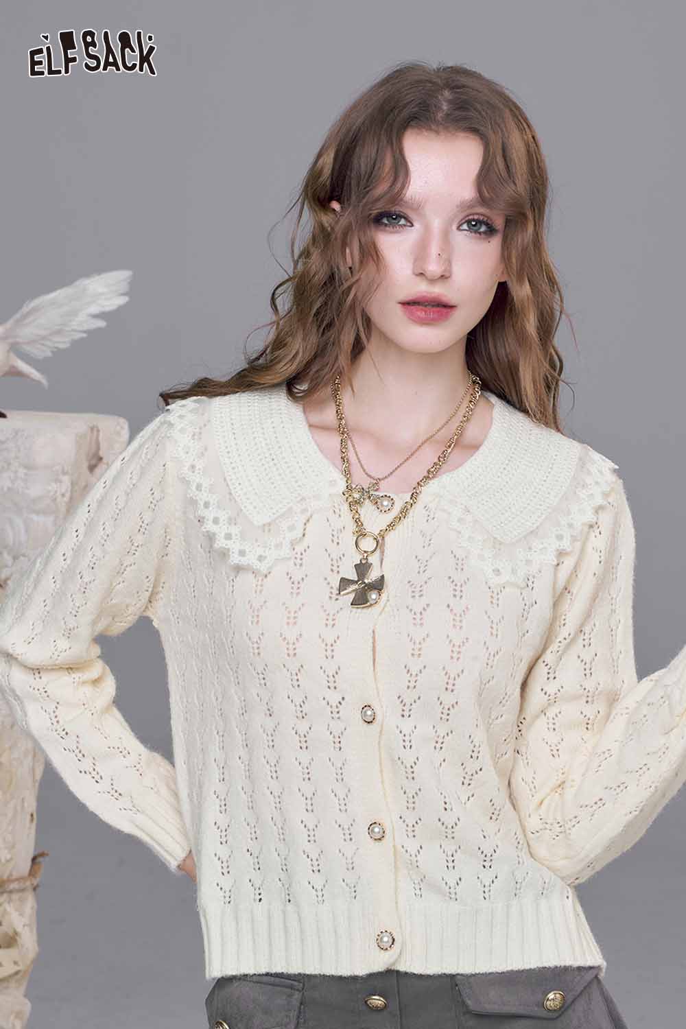 ELFSACK lace panel knit top in cream with a stylish collar and button front design
