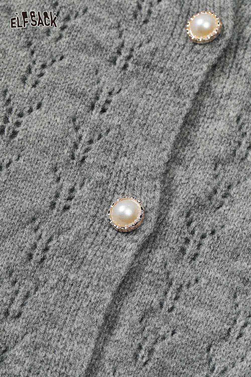 Gray ELFSACK lace panel knit top featuring decorative pearl buttons and a delicate design