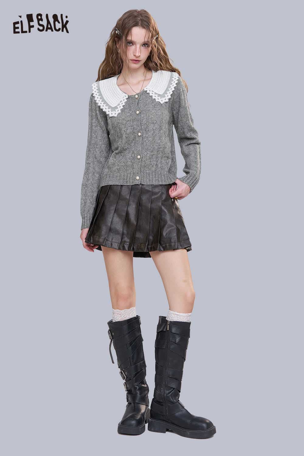 ELFSACK lace panel knit top with a collar, paired with a black pleated skirt and knee-high boots