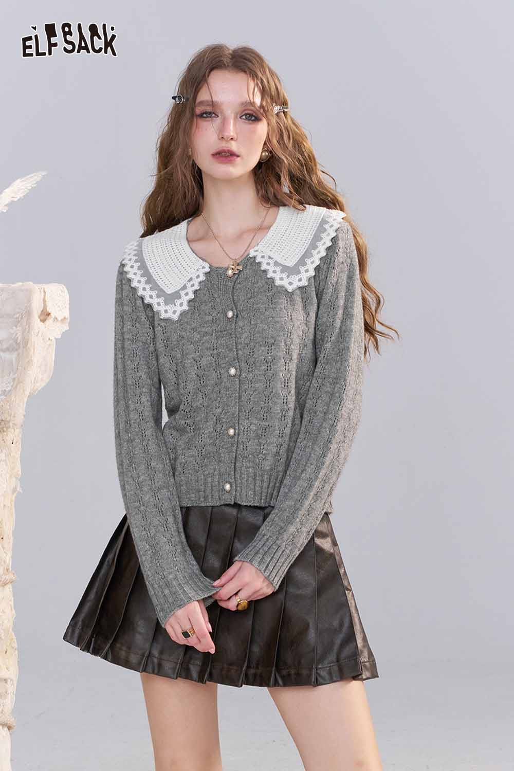 ELFSACK lace panel knit top in gray with a decorative white collar and ribbed sleeves