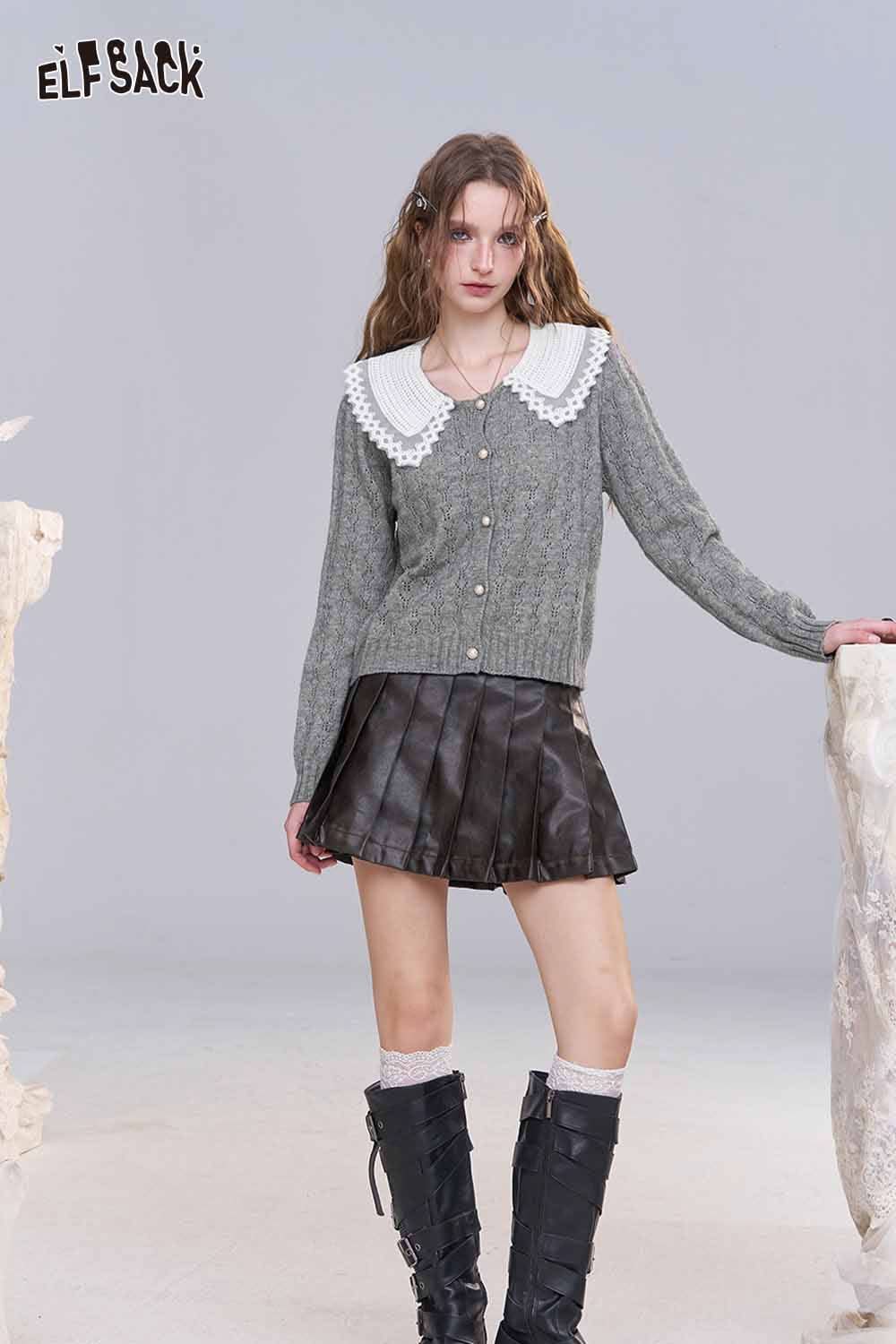 ELFSACK lace panel knit top in gray with a white collar, paired with a black pleated skirt