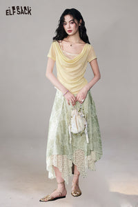 Lace Patchwork Asymmetrical Midi Skirt