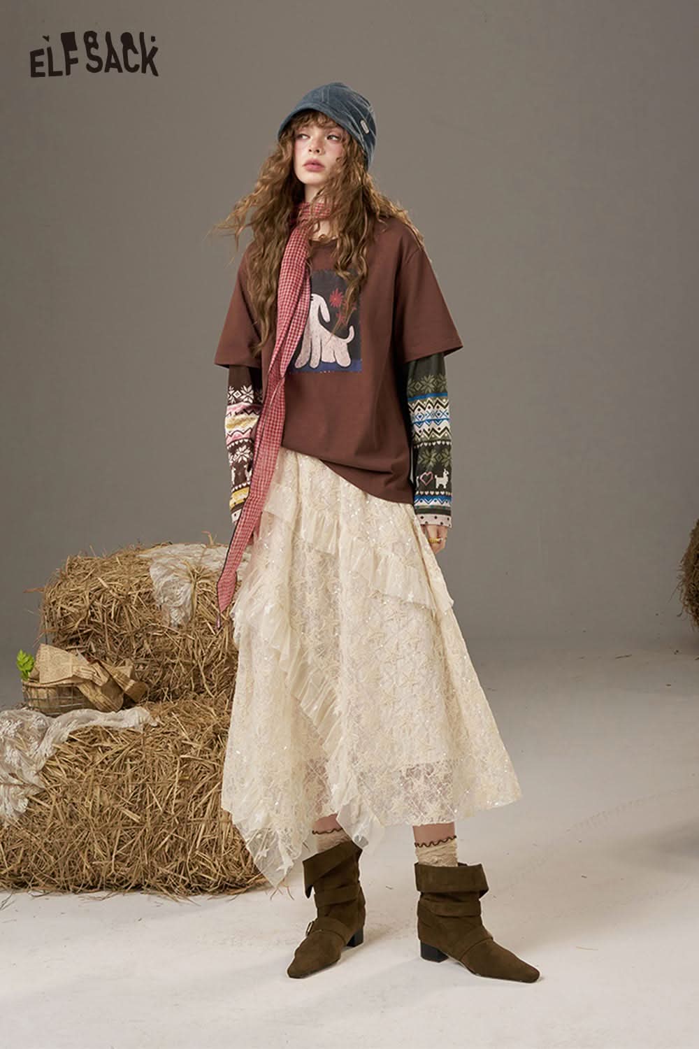 ELFSACK lace patchwork long skirt paired with a graphic tee and stylish accessories for a trendy look