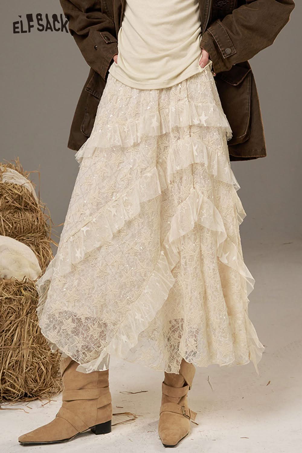 ELFSACK lace patchwork long skirt with tiered ruffles in elegant cream color