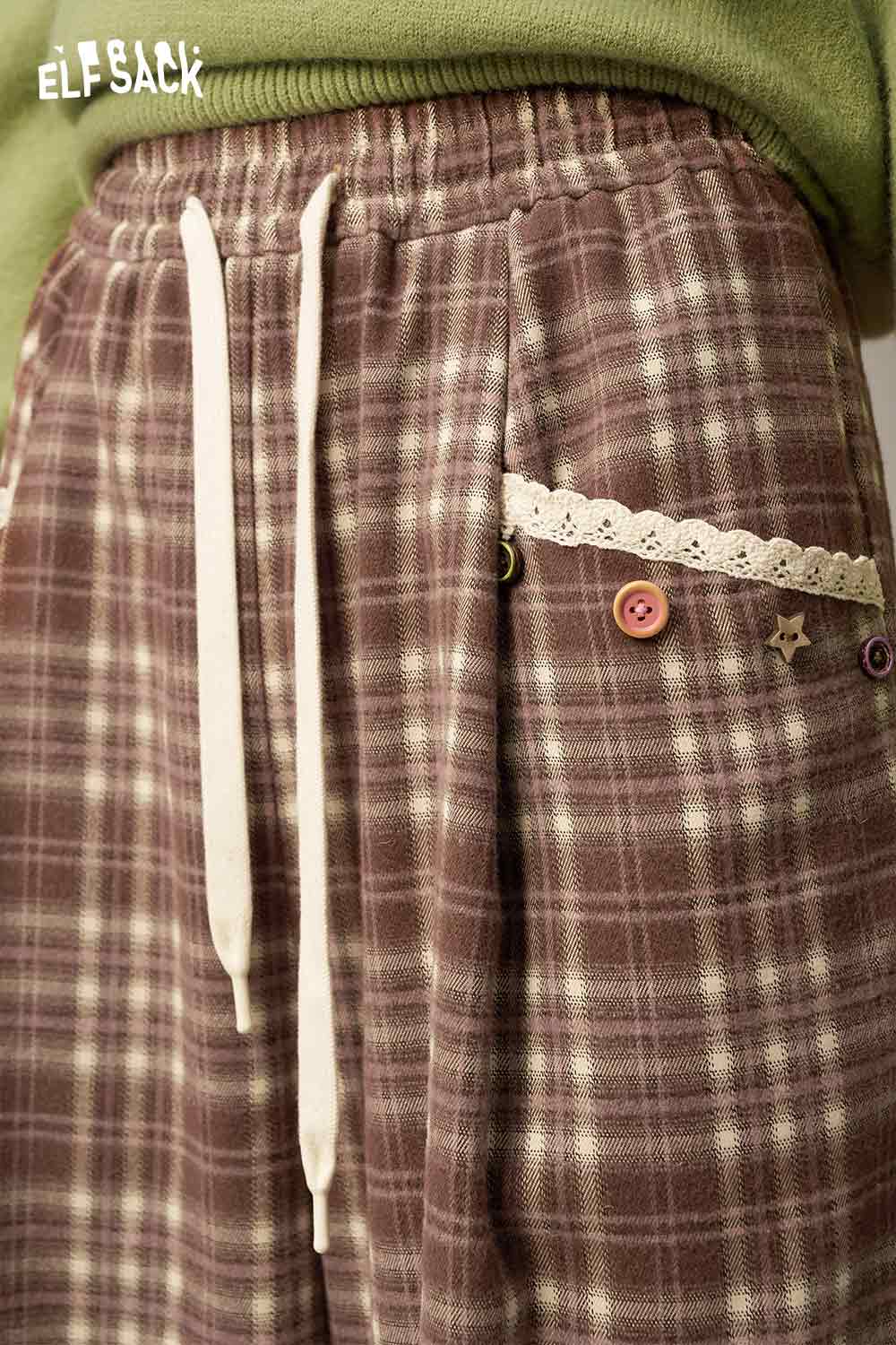 ELFSACK lace plaid straight leg pants with decorative buttons and lace details for a trendy look