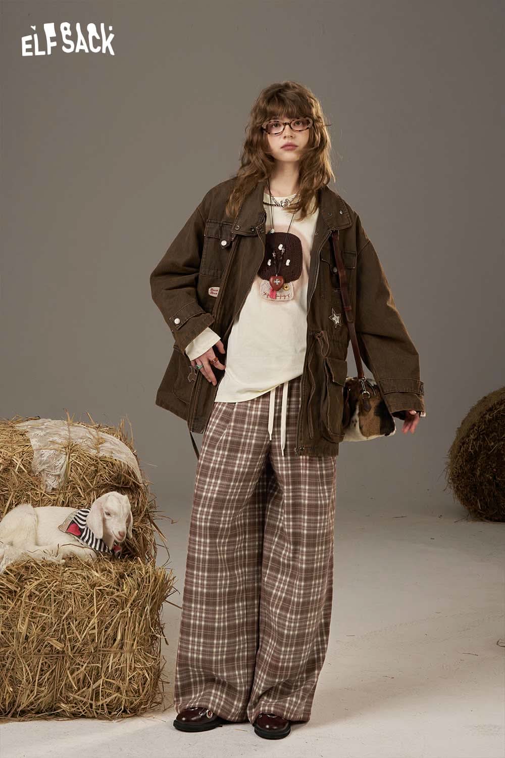ELFSACK lace plaid straight leg pants styled with a casual jacket and graphic tee for a trendy look