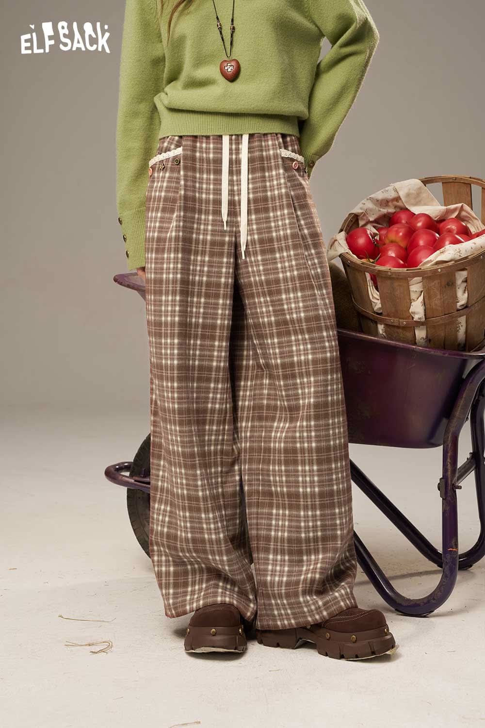 ELFSACK lace plaid straight leg pants in brown with a relaxed fit and drawstring waist