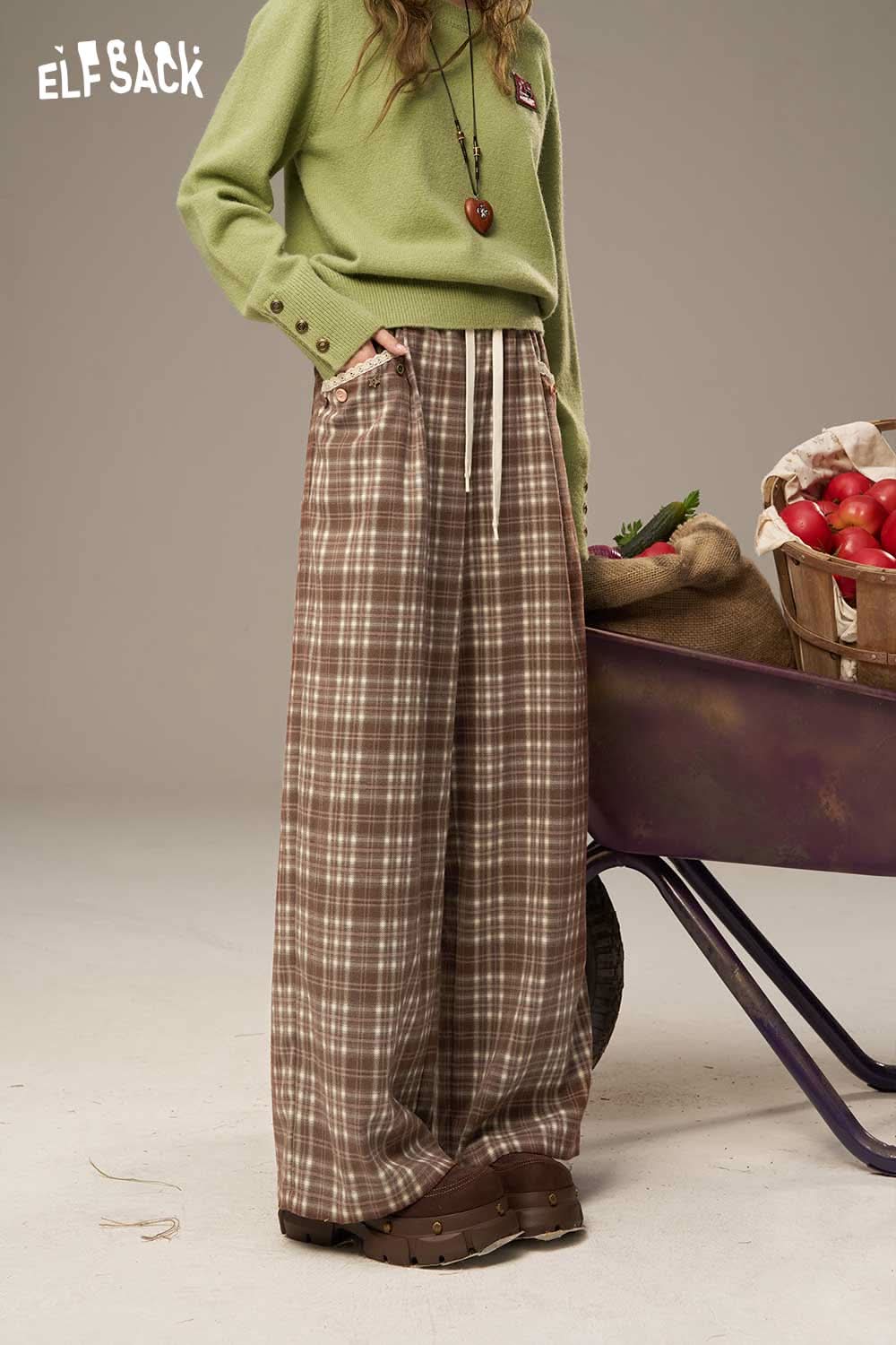 ELFSACK lace plaid straight leg pants in brown with a relaxed fit and drawstring waist for casual style