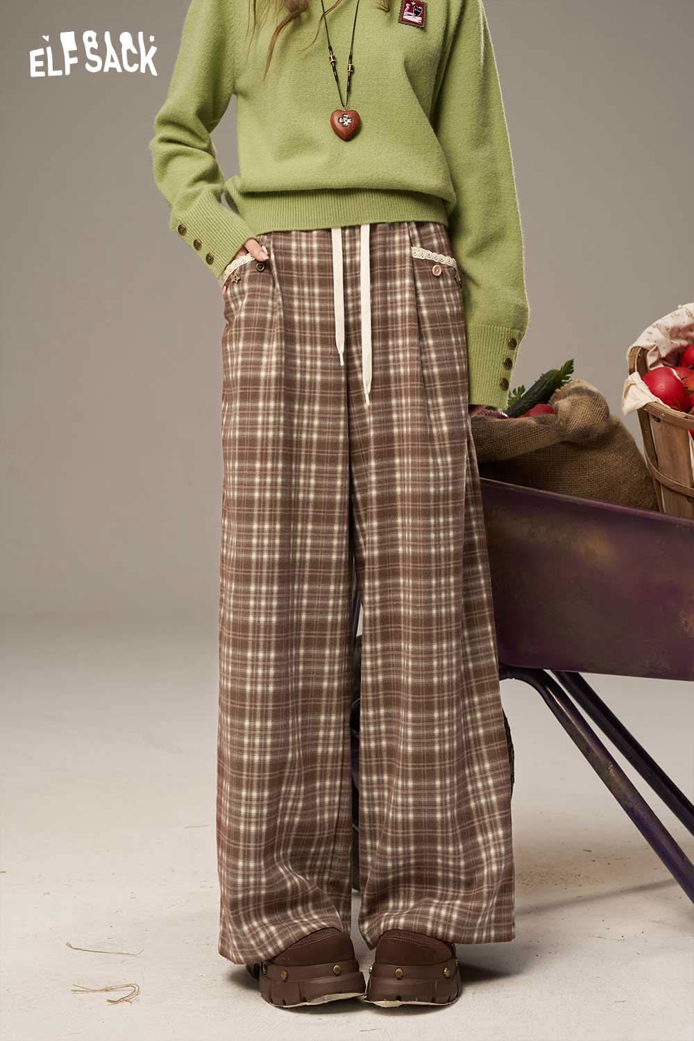 ELFSACK lace plaid straight leg pants in brown for a stylish and comfortable outfit