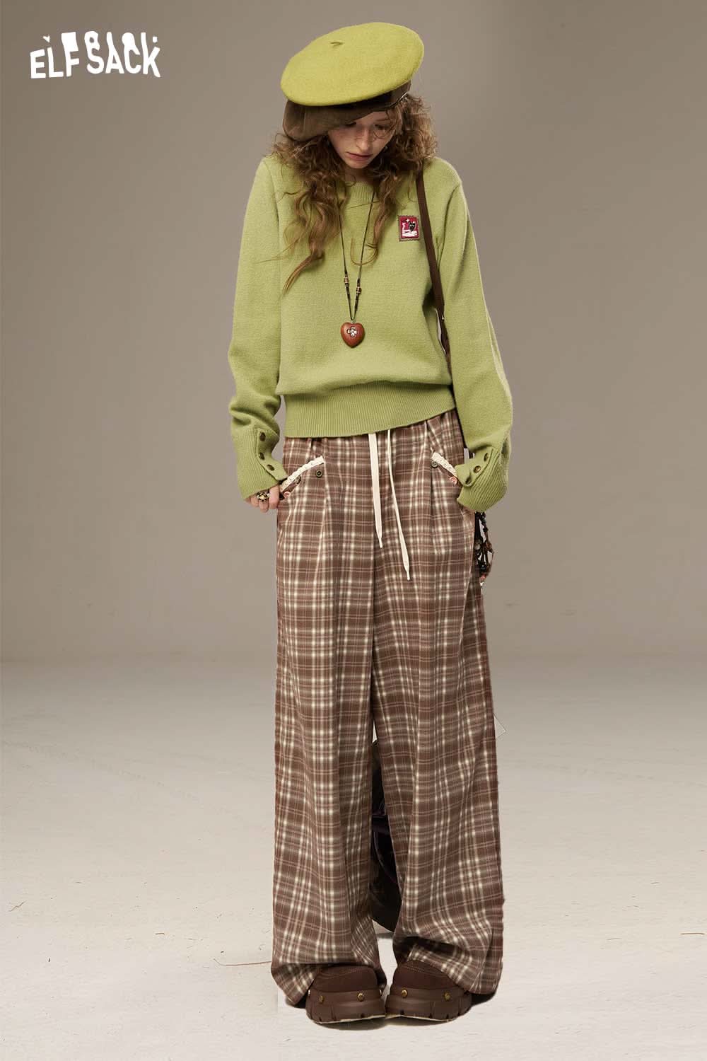 ELFSACK lace plaid straight leg pants with a relaxed fit and stylish design for casual wear