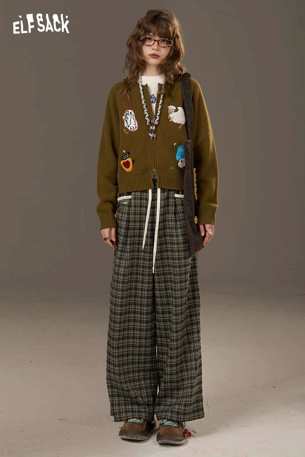 ELFSACK lace plaid straight leg pants featuring a relaxed fit and trendy design for casual outfits