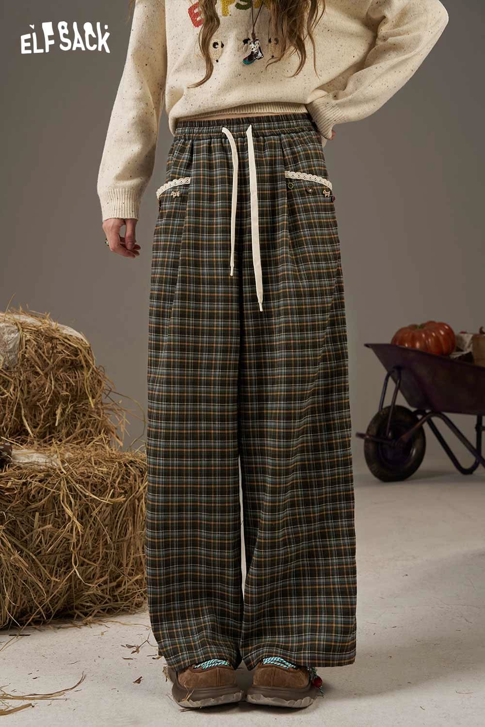 ELFSACK lace plaid straight leg pants with drawstring and side pockets for a trendy look