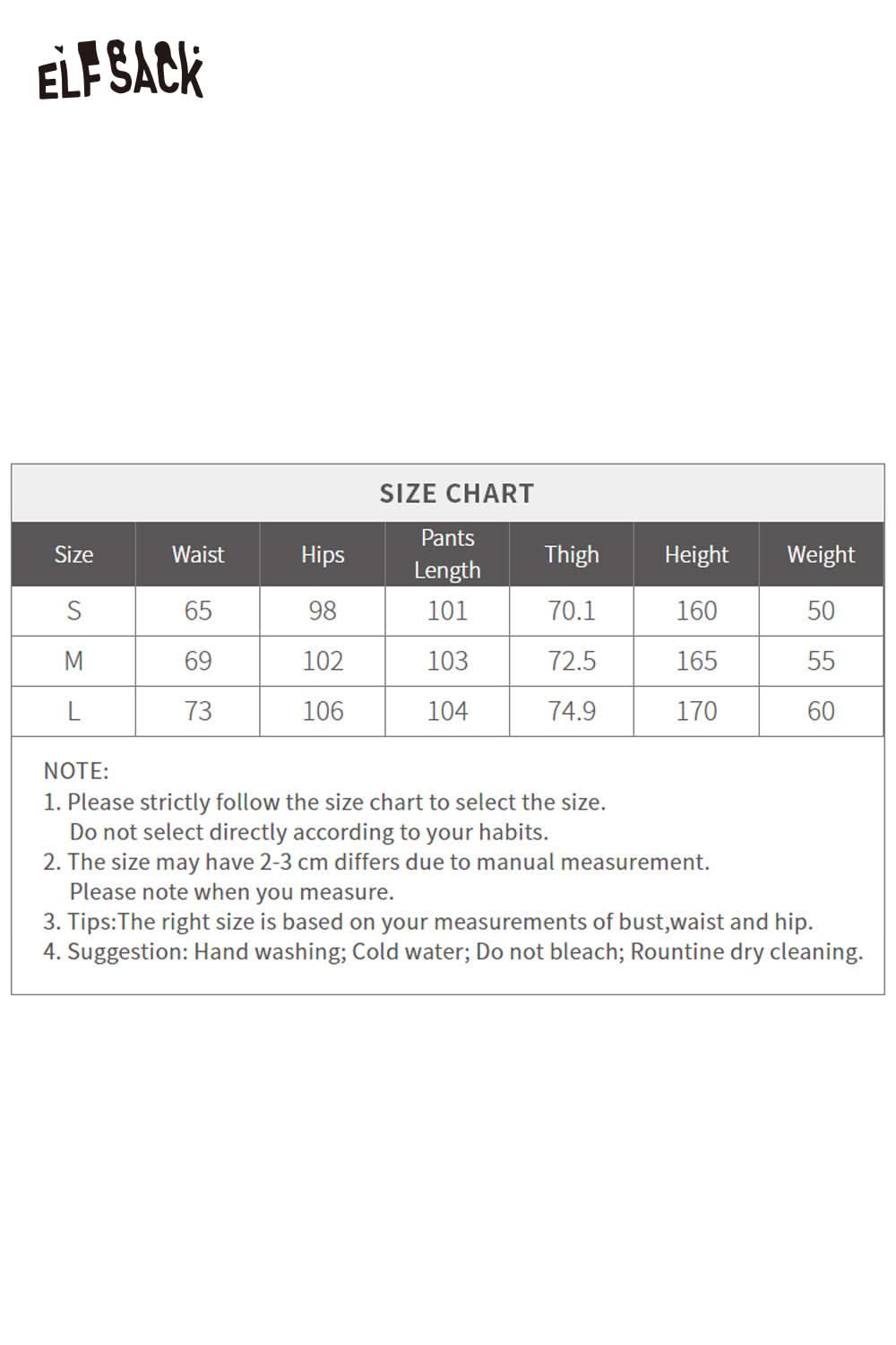Size chart for ELFSACK lace plaid straight leg pants with measurements for waist, hips, and length