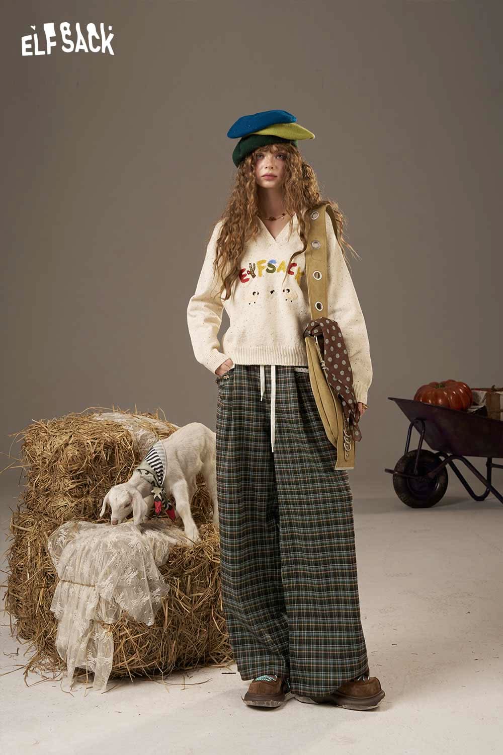 ELFSACK lace plaid straight leg pants styled with a cozy sweater for a trendy autumn look