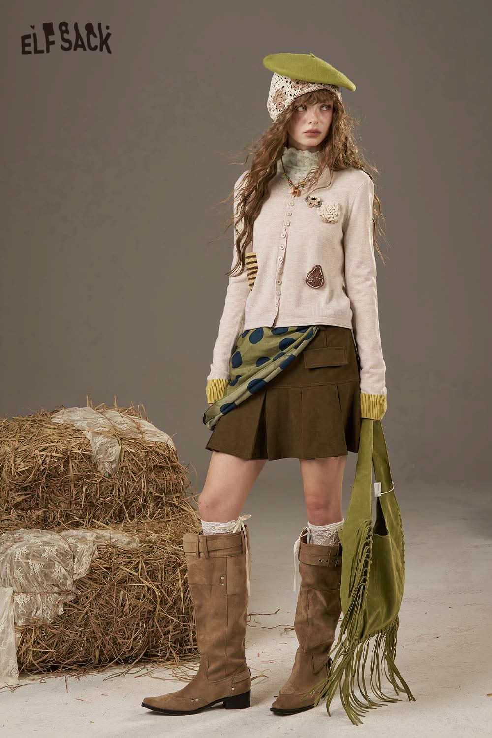 ELFSACK lace slim fit long sleeve shirt styled with a vintage-inspired outfit and boots