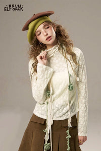 ELFSACK lace slim fit long sleeve shirt in cream with stylish accents and textured details